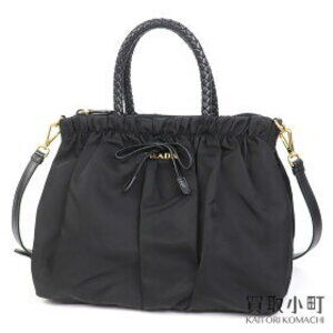Prada Tessuto Metal Logo Bow Tote Bag Black Nylon Shoulder